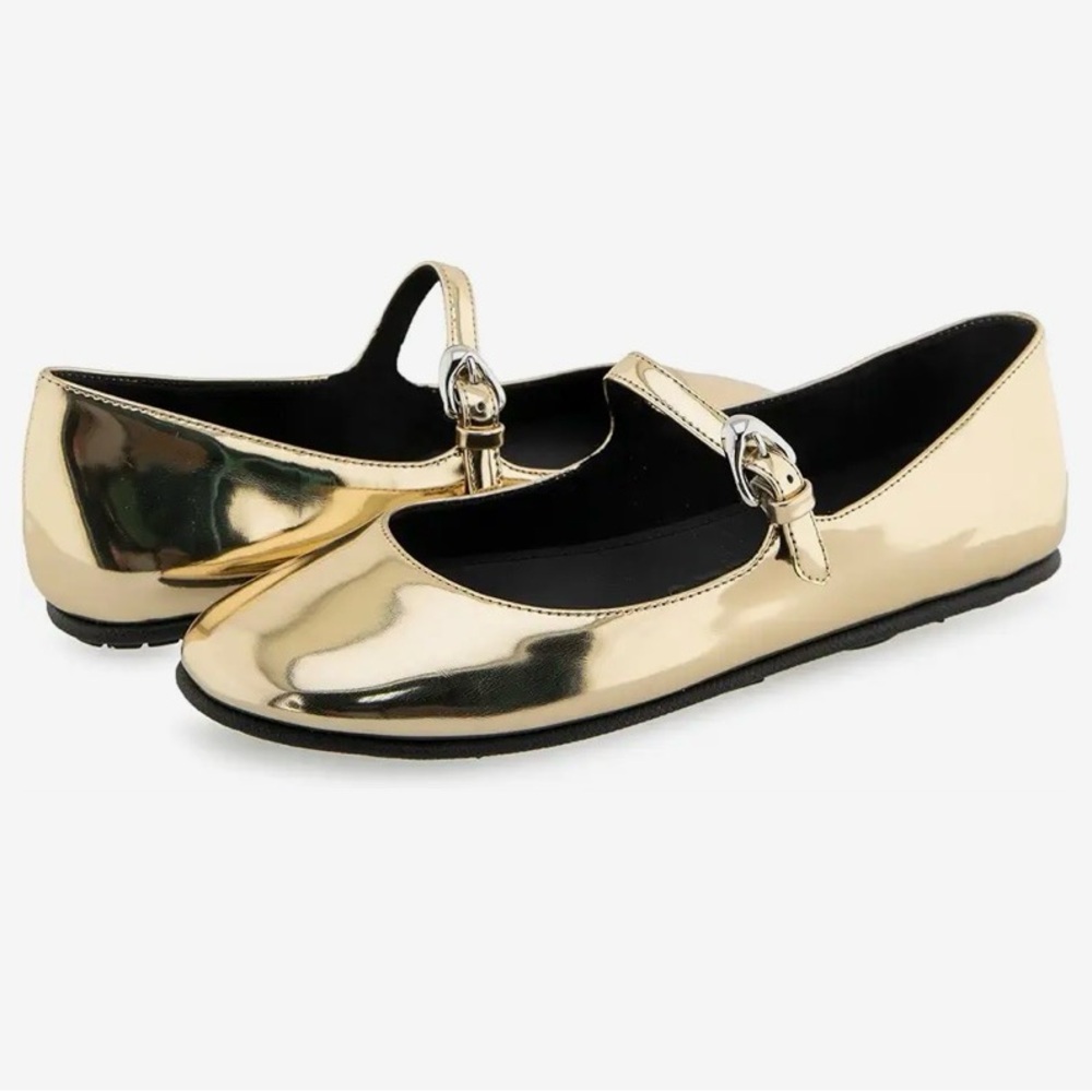 Women’s Metallic Gold Mary Jane Flats with Buckle
